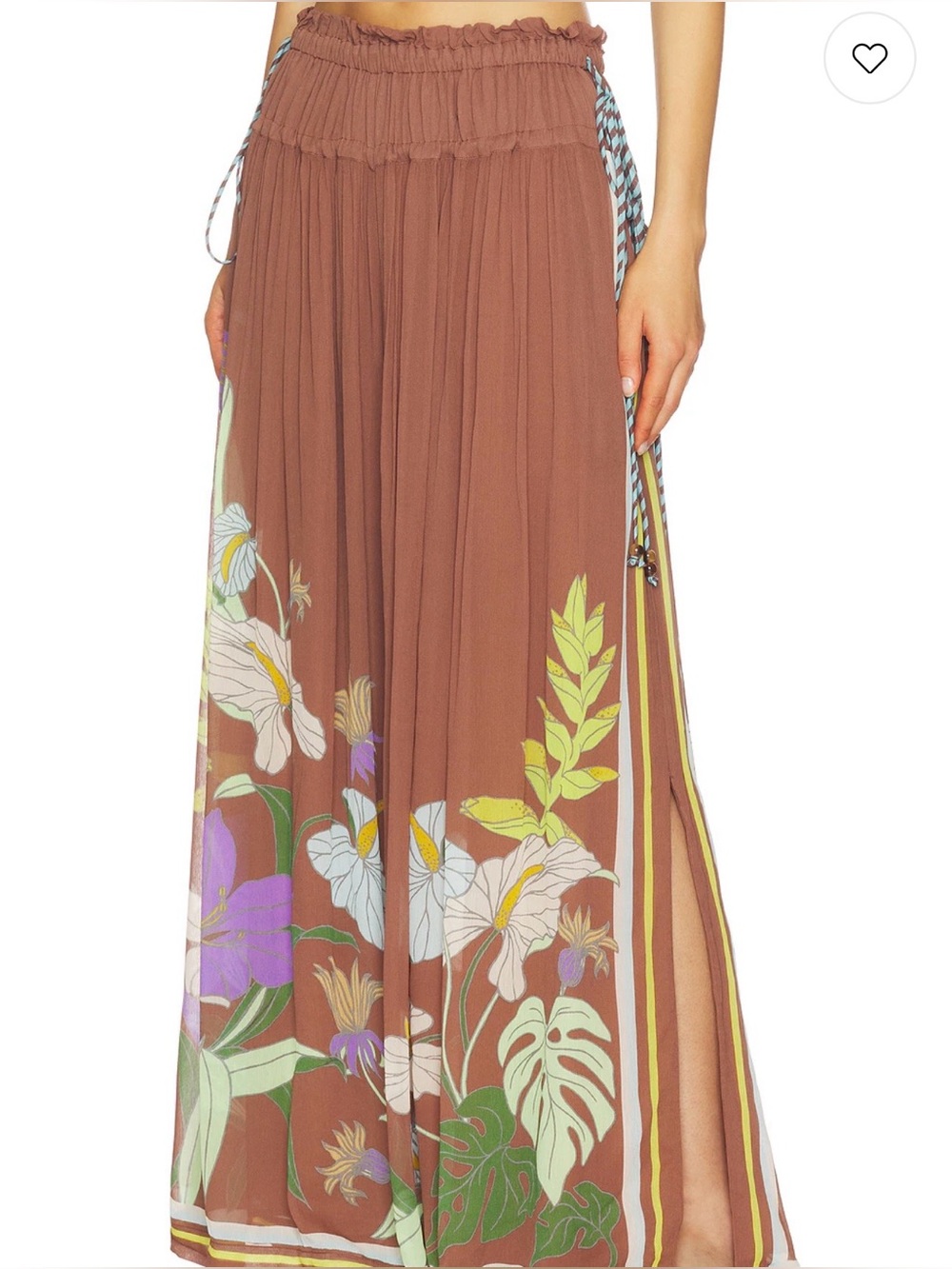 Alemais Brown Wide-Leg Floral Alfie Ruched Pants with Lavender & Green Accents